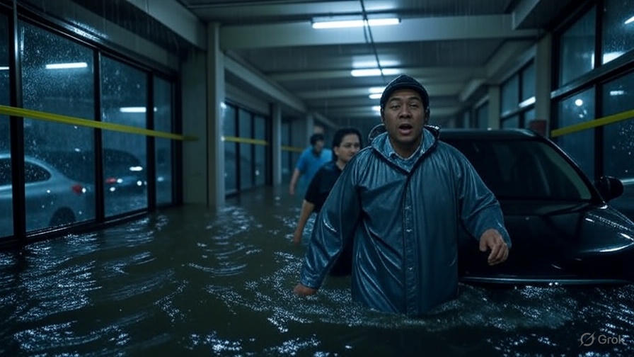 暴雨夜，社區地下室水位迅速上升，手機螢幕同步跳出淹水警示推播，管委焦急指揮住戶撤車